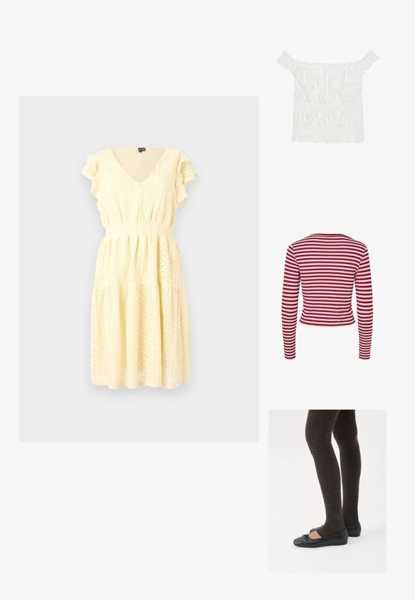 Pieces PCLAYA - Kardiganas - goji berry; Trumpa rankovėmis geltona suknelė su V formos iškirpte, tekstūriniais gėlių raštais, susiraukšlėta juosmeniu ir sluoksniuota sijonu. Lengvas audinys su sklandžiu kritimu.; Balta be rankovių viršutinė dalis su raukšlėmis, susiraukšlėjusiu paviršiumi ir elastingu juosmeniu. Pagaminta iš minkštos medvilnės medžiagos.; Juodos plokščios bateliai su maža kaspinėlio detale prie pirštų, derinami su tamsiai rudos spalvos raukšlėtomis pėdkelnėmis. Bateliai turi lygų paviršių ir žemą profilį.