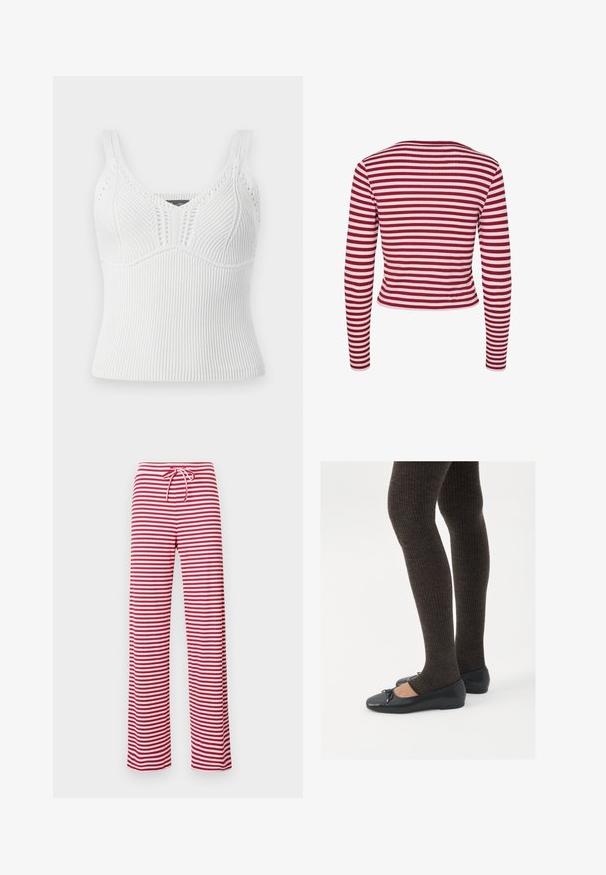 Pieces PCLAYA - Kardigan - goji berry; Bílá žíhaná pletená tílko s širokými ramínky, má texturovaný vzor a přiléhavý siluetu, navrženo pro těsné padnutí.; Červenobílé pruhované volné kalhoty s šňůrkou v pase a žebrovanou texturou. Design rovného střihu sahá po kotníky.; Černé ploché boty s malou mašlí na špičce, kombinované s tmavě hnědými žebrovanými punčochami. Boty mají hladký povrch a nízký profil.