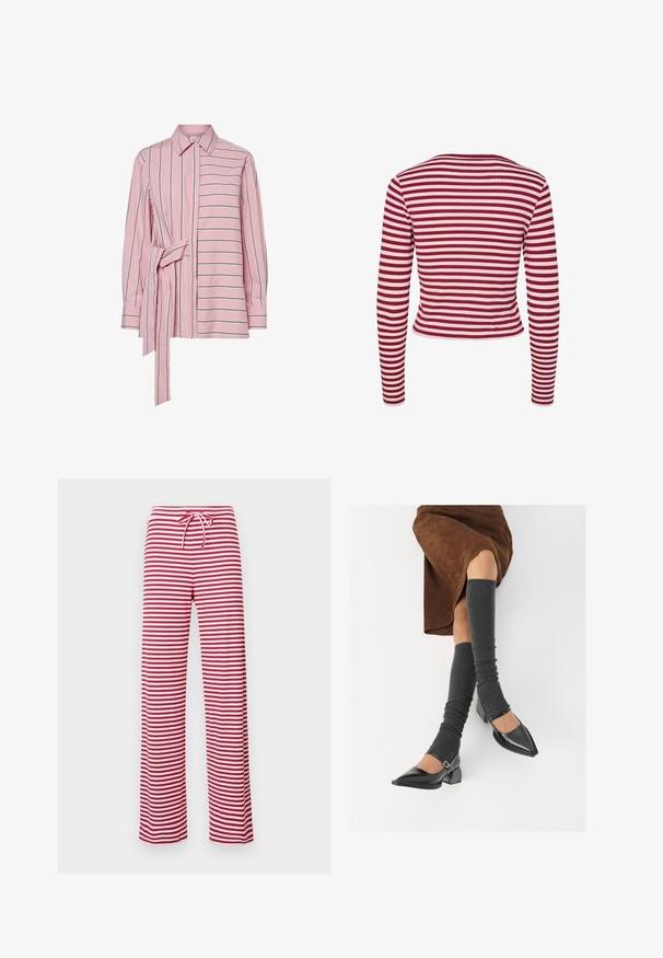 Pieces PCLAYA - Kardiganas - goji berry; Rožinė juostelėta marškinėlių su mygtukų užsegimu, su surišta liemens akcentu ir kontrastingomis horizontaliomis bei vertikaliomis juostelėmis. Pagaminta iš medvilnės.; Balta be rankovių viršutinė dalis su raukšlėmis, susiraukšlėjusiu paviršiumi ir elastingu juosmeniu. Pagaminta iš minkštos medvilnės medžiagos.; Raudonos ir baltos dryžuotos, laisvo kirpimo kelnes su raišteliu juosmens srityje ir banguota tekstūra. Tiesaus kirpimo dizainas siekia kulkšnis.; Juodi lakuoti odiniai batai su aštriu kuma ir bloko kulnu, derinami su pilkais riebiais kojų šildytuvais ir rudais zomšiniais sijonais.