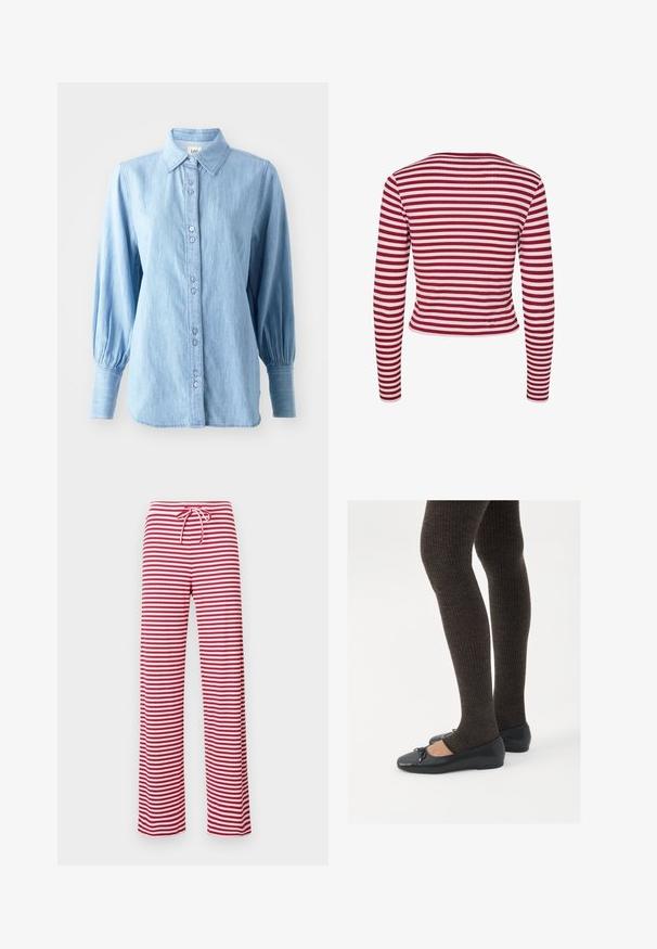 Pieces PCLAYA - Cardigan - goji berry; Lys blå denimskjorte med krage, knappestolpe foran og lange ballongermer. Har en subtil tekstur og matchende knapper.; Hvit av-shoulder topp med volanger, samlet tekstur og elastisk midje. Laget av myk bomull.; Rødt og hvitt stripete, løst sittende bukser med snor i livet og ribbestruktur. Rett ben-design som går ned til anklene.; Sorte flate sko med en liten sløyfedetalj på tåen, kombinert med mørkebrune ribbede strømpebukser. Skoene har en glatt overflate og lav profil.