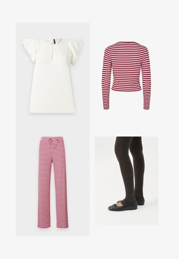 Pieces PCLAYA - Cardigan - goji berry; Top bianco a maniche corte con scollatura arricciata e maniche a sbuffo, caratterizzato da sottili dettagli di cucitura sulle spalle. Texture liscia.; Pantaloni a righe rosse e bianche, dalla vestibilità ampia, con vita regolabile tramite cordino e texture a coste. Design a gamba dritta che arriva fino alla caviglia.; Scarpe nere a flat con un piccolo fiocco sulla punta, abbinate a collant a coste marrone scuro. Le scarpe hanno una texture liscia e un profilo basso.