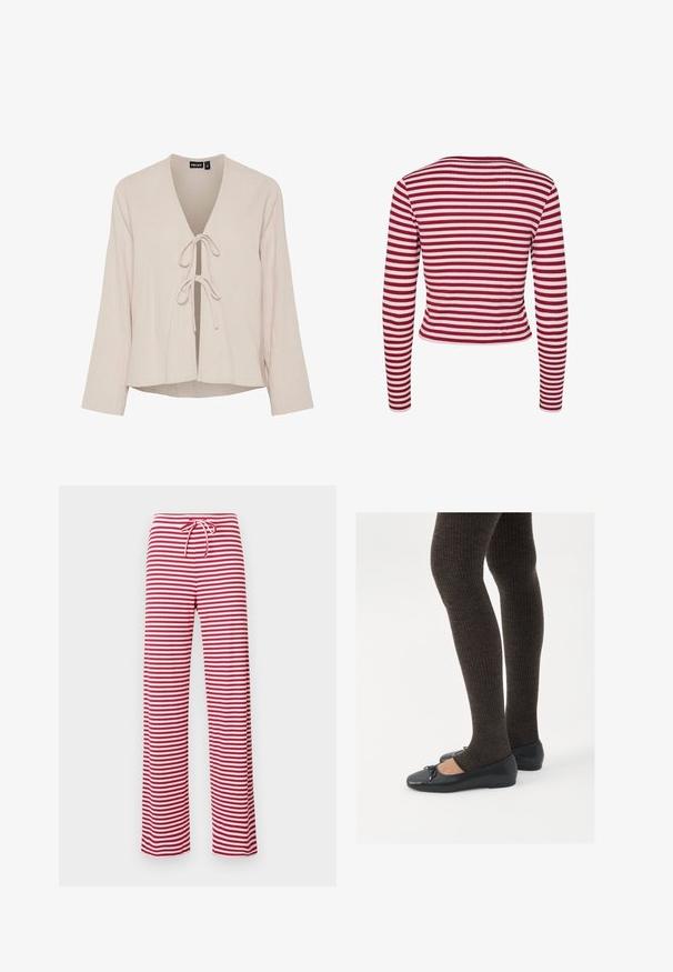 Pieces PCLAYA - Gilet - goji berry; Blouse beige clair avec un décolleté en V profond, des manches longues et une fermeture à nouer à l'avant. Fabriquée en tissu texturé et doux avec une coupe décontractée.; Pantalons amples à rayures rouges et blanches avec une taille à cordon et une texture côtelée. Design à jambe droite allant jusqu'à la cheville.; Chaussures plates noires avec un petit nœud au niveau des orteils, associées à des collants côtelés marron foncé. Les chaussures ont une texture lisse et un profil bas.