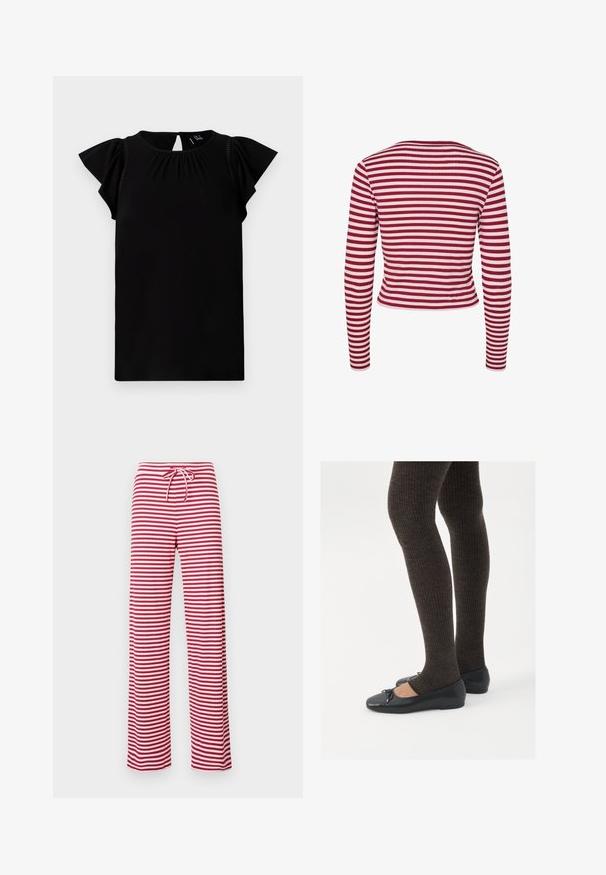 Pieces PCLAYA - Adīta jaka - goji berry; Melna īsām piedurknēm topiņa, izgatavota no mīkstiem audiem, ar apaļu kakla izgriezumu, locījumu detalizāciju un plīvurotām piedurknēm ar izgriezumu aizmugurē.; Sarkanas un baltas svītrains, brīva piegriezuma bikses ar regulējamu jostasvietu un ribotu tekstūru. Taisna kāju dizains stiepjas līdz potītei.; Melnas plakano formas kurpes ar mazu loku uz pirksta, apvienotas ar tumši brūnām ribotām zeķubiksēm. Kurpēm ir gluda tekstūra un zems profils.