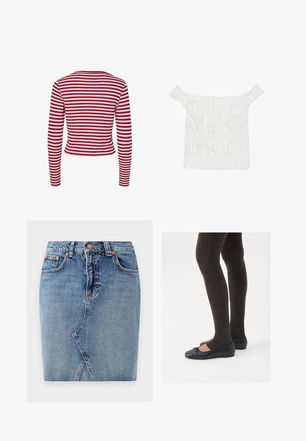 Pieces PCLAYA - Kofta - goji berry; Vit off-shoulder topp med volangdetaljer, samlad textur och elastisk midja. Tillverkad av mjukt bomullstyg.; Denimkjol i medelblått, med en figurnära passform, framfickor och diagonala sömmar. Standard midja med metallknäppning.; Svarta platta skor med en liten rosett vid tån, i kombination med mörkbruna ribbade strumpbyxor. Skorna har en slät yta och låg profil.