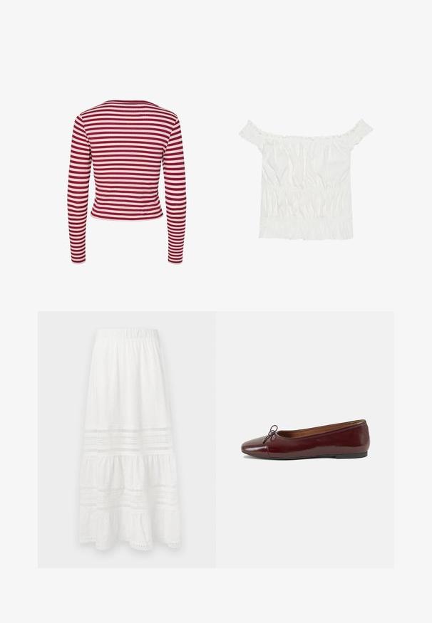 Pieces PCLAYA - Kardiganas - goji berry; Balta be rankovių viršutinė dalis su raukšlėmis, susiraukšlėjusiu paviršiumi ir elastingu juosmeniu. Pagaminta iš minkštos medvilnės medžiagos.; Balti medvilnės maksi sijonas su akių audiniu, sluoksniuota konstrukcija, elastinga juosta ir nėrinių akcentais palei apatinį kraštą ir paneles.; Bordo lakiotos odos baleto bateliai su apvalia nosimi, maža kaspinėlio akcentu priekyje ir žema juoda guma padanga. Lygi tekstūra.