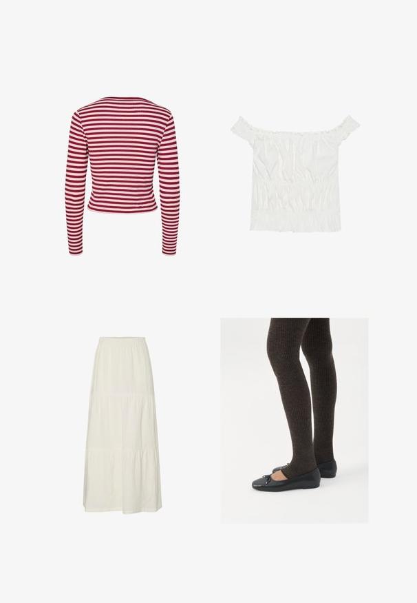 Pieces PCLAYA - Chaqueta de punto - goji berry; Top blanco sin mangas con detalles de volantes, textura fruncida y cintura elástica. Fabricado en suave tejido de algodón.; Falda maxi blanca, en capas, hecha de una tela ligera y texturizada con una cinturilla elástica. Presenta tres secciones de tela distintas.; Zapatos planos negros con un pequeño lazo en la punta, combinados con medias de punto en marrón oscuro. Los zapatos tienen una textura suave y un perfil bajo.
