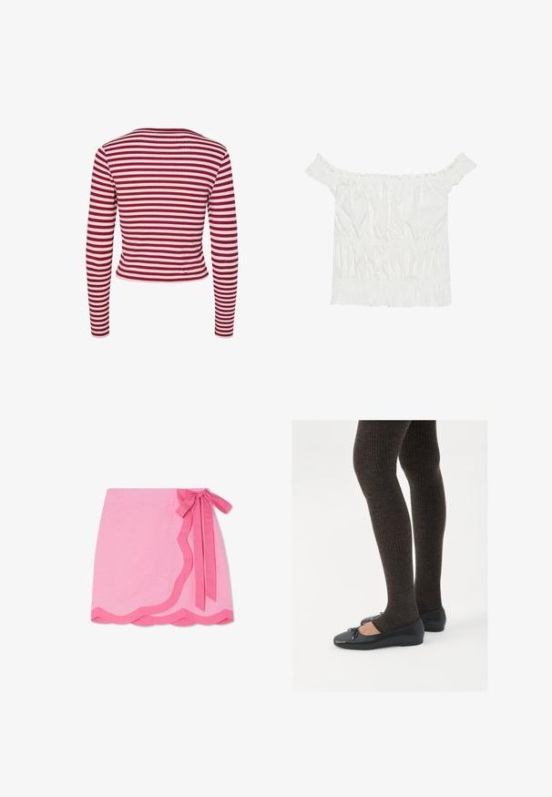 Pieces PCLAYA - Kardigan - goji berry; Bílý top s odhalenými rameny, s volánkovými detaily, nařasenou texturou a elastickým pasem. Vyrobeno z měkké bavlněné tkaniny.; Růžová lněná zavinovací sukně s vlnkovaným lemem, která má kontrastní tmavě růžovou šňůrku v pase a hladkou texturu.; Černé ploché boty s malou mašlí na špičce, kombinované s tmavě hnědými žebrovanými punčochami. Boty mají hladký povrch a nízký profil.
