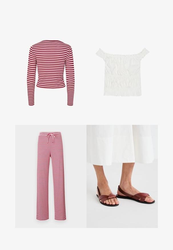 Pieces PCLAYA - Jopica - goji berry; Bela bluzo brez naramnic z nabranimi detajli, nabranim teksturiranjem in elastičnim pasom. Narejena iz mehkega bombažnega blaga.; Rdeče in bele prašičaste hlače z ohlapnim krojem, z vrvico v pasu in rebrasto teksturo. Naravnost krojene hlače segajo do gležnjev.; Rjave usnjene sandale s križnimi trakovi in odprtim zadnjem delom, ki imajo ravno podplat. Trakovi so gladki z mat površino.
