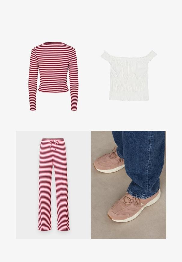 Pieces PCLAYA - Vesta na kopčanje - goji berry; Bijela bluzica bez naramenica s volanima, naboranom teksturom i elastičnom gumicom u struku. Izrađena od mekanog pamučnog materijala.; Pantalone s crveno-bijelim prugama, slobodnog kroja s elastičnom čijom i rebrastom teksturom. Izravni kroj nogavica proteže se do dužine gležnjeva.; Svijetloružičaste atletske tenisice s teksturiranim nubuk gornjištem, koje imaju bijeli potplat i suptilan brendirani detalj, u kombinaciji s tamnoplavim trapericama.