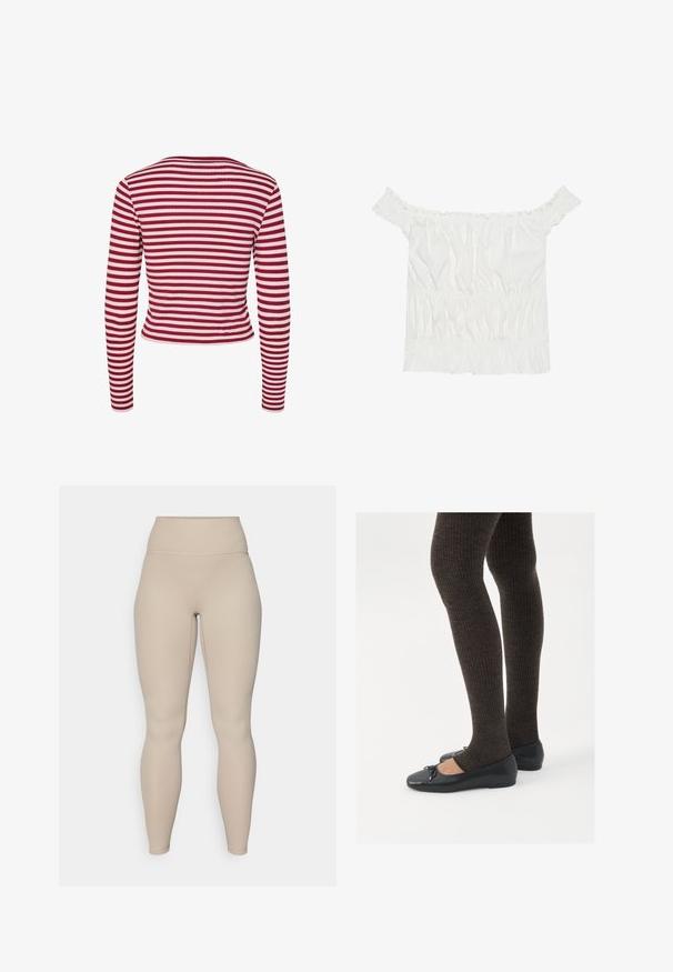 Pieces PCLAYA - Chaqueta de punto - goji berry; Top blanco sin mangas con detalles de volantes, textura fruncida y cintura elástica. Fabricado en suave tejido de algodón.; Mallas de cintura alta en color beige con textura acanalada, con una cinturilla suave y piernas ajustadas, diseñadas para comodidad y flexibilidad.; Zapatos planos negros con un pequeño lazo en la punta, combinados con medias de punto en marrón oscuro. Los zapatos tienen una textura suave y un perfil bajo.