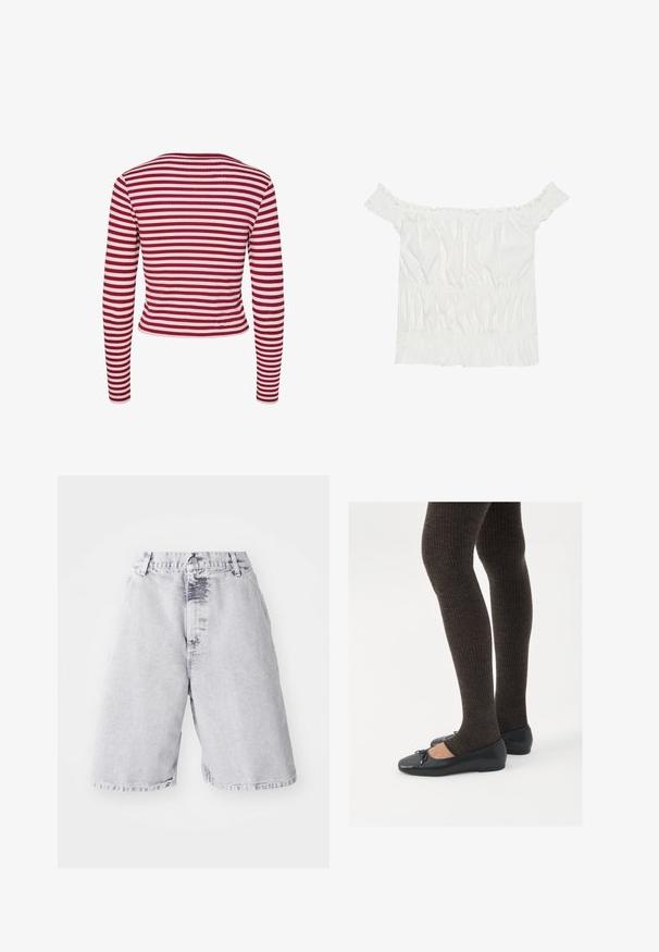 Pieces PCLAYA - Cardigan - goji berry; Hvid off-the-shoulder top med flæse-accenter, samlet tekstur og elastisk talje. Lavet af blødt bomuldsstof.; Lysgrå denimshorts med en falmet tekstur. Har en knap- og lynlåslukning, bæltestropper og et lige ben-design.; Sorte flade sko med en lille sløjfedetalje ved tåen, parret med mørkebrune ribbede strømpebukser. Skoene har en glat overflade og lav profil.