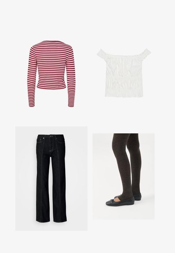 Pieces PCLAYA - Cardigan - goji berry; Hvit av-shoulder topp med volanger, samlet tekstur og elastisk midje. Laget av myk bomull.; Svart vid bukse laget av denim, med synlige sømmer, knappelukking og to frontlommer. Glatt tekstur med rett snitt.; Sorte flate sko med en liten sløyfedetalj på tåen, kombinert med mørkebrune ribbede strømpebukser. Skoene har en glatt overflate og lav profil.