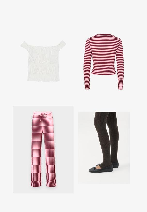 Pieces PCLAYA - Cardigan - goji berry; White off-the-shoulder top with ruffled accents, gathered texture, and an elasticized waistband. Made from soft cotton fabric.; Red and white striped, loose-fit pants with a drawstring waist and ribbed texture. Straight leg design extends to ankle length.; Black flat shoes with a small bow detail at the toe, paired with dark brown ribbed tights. Shoes have a smooth texture and low profile.