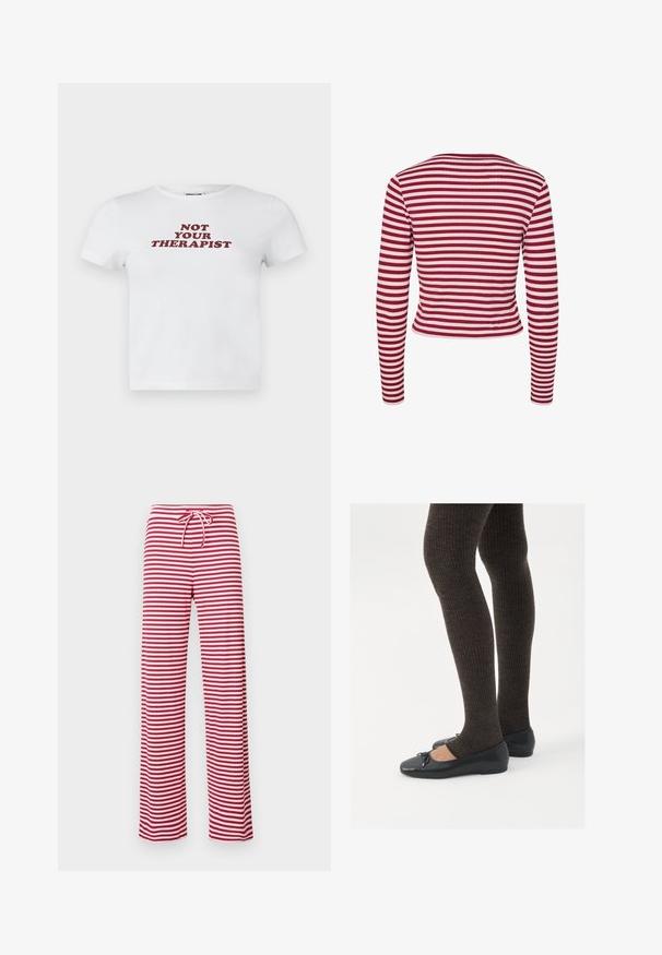 Pieces PCLAYA - Vesta na kopčanje - goji berry; Bijela pamučna majica kratkih rukava s podebljanim tamnocrvenim tekstom koji glasi "NISAM TVOJ TERAPEUT" u zabavnom fontu.; Pantalone s crveno-bijelim prugama, slobodnog kroja s elastičnom čijom i rebrastom teksturom. Izravni kroj nogavica proteže se do dužine gležnjeva.; Crne ravne cipele s malim mašnom na vrhu prstiju, uparene s tamnosmešnim rebrovanim čarapama. Cipele imaju glatku teksturu i nizak profil.