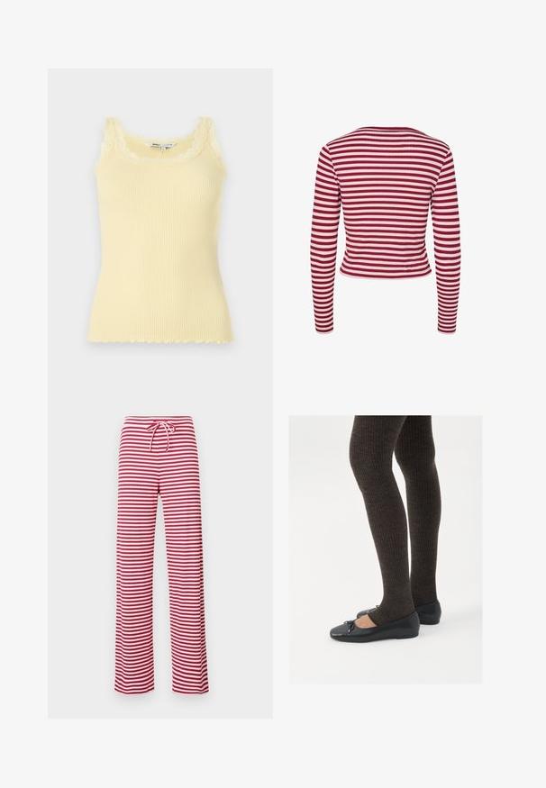 Pieces PCLAYA - Gilet - goji berry; Débardeur jaune à côtes, sans manches, avec un décolleté et un ourlet en dentelle festonnée. Texture douce, design ajusté et matériau léger.; Pantalons amples à rayures rouges et blanches avec une taille à cordon et une texture côtelée. Design à jambe droite allant jusqu'à la cheville.; Chaussures plates noires avec un petit nœud au niveau des orteils, associées à des collants côtelés marron foncé. Les chaussures ont une texture lisse et un profil bas.