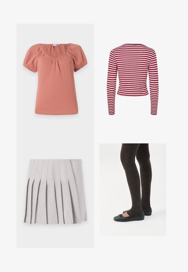 Pieces PCLAYA - Cardigan - goji berry; V-neck pink top with puff sleeves. Made of ribbed fabric, featuring subtle texture and a relaxed fit. Smooth, lightweight material.; Gray pleated skirt with a smooth texture, featuring multiple vertical folds and a fitted waistline. Made from lightweight fabric.; Black flat shoes with a small bow detail at the toe, paired with dark brown ribbed tights. Shoes have a smooth texture and low profile.