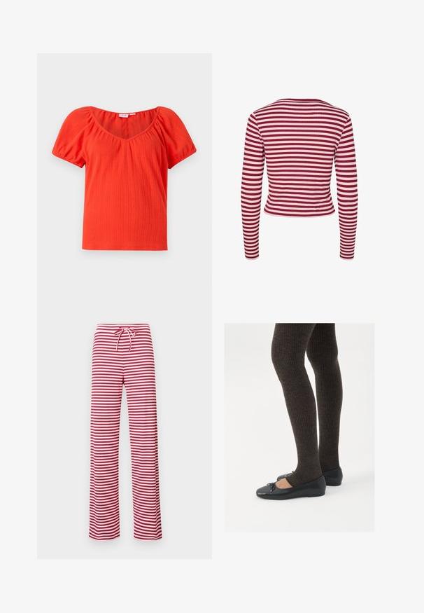 Pieces PCLAYA - Cardigan - goji berry; Rød ribbestrikket kortermet topp med vid utringning og sammenkrøllede pufferm, laget av et lett og teksturert stoff.; Rødt og hvitt stripete, løst sittende bukser med snor i livet og ribbestruktur. Rett ben-design som går ned til anklene.; Sorte flate sko med en liten sløyfedetalj på tåen, kombinert med mørkebrune ribbede strømpebukser. Skoene har en glatt overflate og lav profil.
