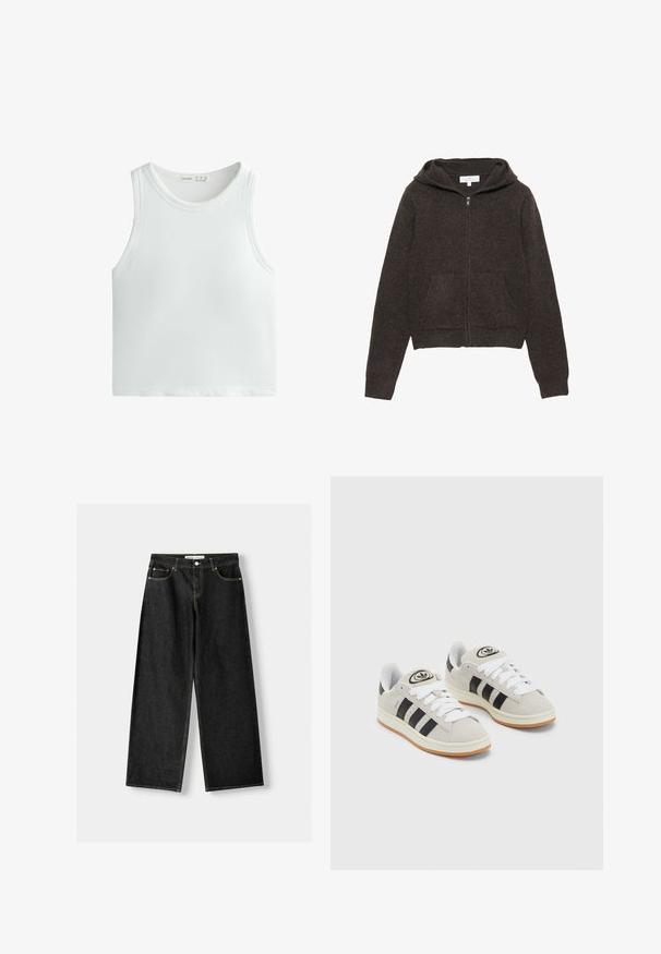 Ruskea vetoketjuhuppari, jossa on pehmeä pinta, pitkät hihat, tilava huppu ja kaksi etutaskua. Yksinkertainen, klassinen muotoilu.; Valkoinen ribbikuvioinen hihaton paita, jossa on leveät olkaimet ja pyöreä kaula-aukko. Valmistettu pehmeästä, joustavasta materiaalista mukavuutta ja istuvuutta varten.; Musta denimi leveälahkeiset farkut, joissa on viisi taskua, metallinappi ja vetoketju, sekä erottuva keltainen ommel saumoissa.; Harmaat mokkasiinikenkä, joissa on valkoiset nauhat, mustat raidat ja valkoinen kumipohja. Kantajassa on pyöreä logo ja vaaleanruskea pohja.