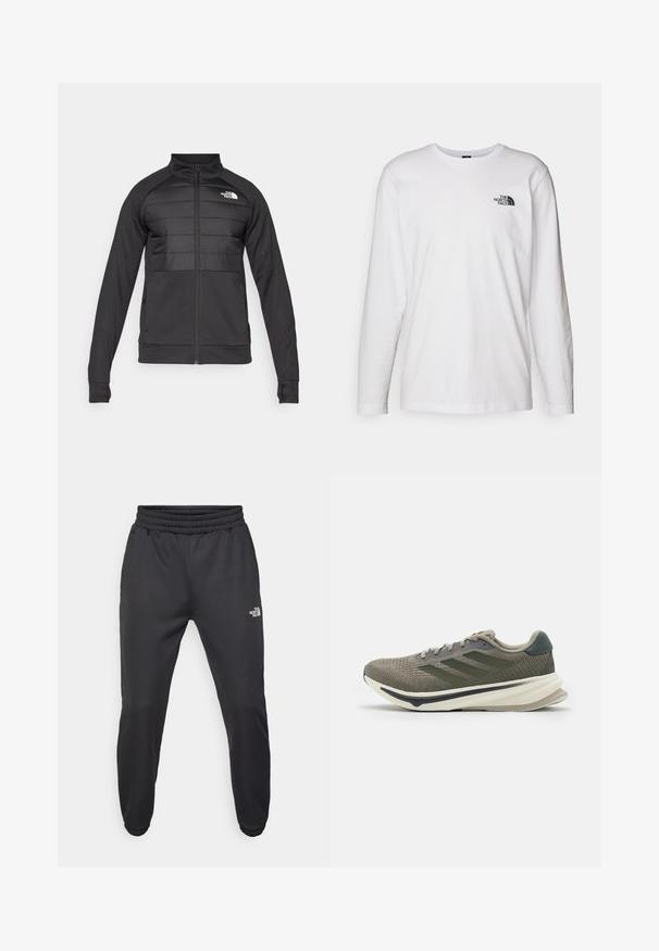 Czarna kurtka z zapięciem na zamek błyskawiczny z przodu, wyściółką na górnej części klatki piersiowej i ramionach, długimi rękawami oraz staniem kołnierza. Logo na górnej lewej stronie.; Biała koszulka z długim rękawem wykonana z bawełny, z okrągłym dekoltem. Posiada małe czarne logo na piersi. Gładka faktura, regularny krój.; Czarne dresy z elastycznym paskiem w talii, zwężanym krojem, elastycznymi mankietami i małym białym logo na lewej udzie, wykonane z gładkiego materiału.; adidas Performance SUPERNOVA RISE oliwkowy