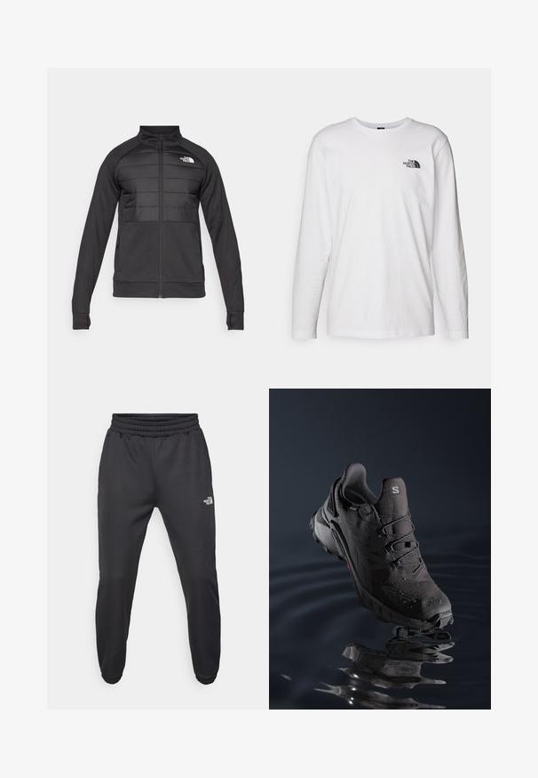 Chaqueta negra con cremallera en la parte delantera, parte superior acolchada en el pecho y los hombros, mangas largas y cuello alto. Logo en la parte superior izquierda.; Camiseta de manga larga blanca de algodón con cuello redondo. Presenta un pequeño logotipo negro en el pecho. Textura suave, corte regular.; Pantalones deportivos negros con cintura ajustable mediante cordón, corte tapered, puños elásticos y un pequeño logo blanco en el muslo izquierdo, fabricados en tejido suave.; Zapatilla de trail running negra con una parte superior texturizada, sistema de cordones y suela de goma. Cuenta con material resistente al agua y acentos rojos.