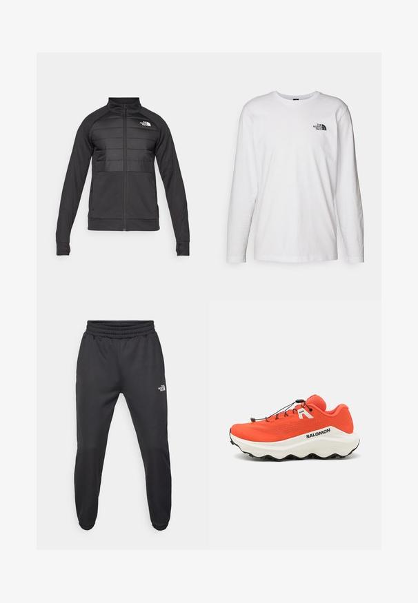 Svart jakke med glidelås foran, polstret overkinn og skuldre, lange ermer og stående krage. Logo på øvre venstre side.; Hvit langermet T-skjorte laget av bomull med rund hals. Har en liten svart logo på brystet. Glatt tekstur, vanlig passform.; Sorte joggebukser med snor i livet, tettsittende passform, elastiske mansjetter og en liten hvit logo på venstre lår, laget av glatt materiale.; Oransje terrengløpesko med nettingoverdel, hvit mellomsåle, teksturert svart yttersåle og justerbare bungee-lisser. Merkevare på siden.