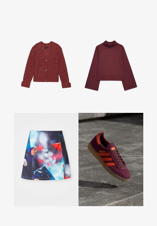 Czerwona sweterka dzianinowa z głębokim dekoltem w kształcie V, długimi rękawami i prążkowaną teksturą; posiada cztery duże guziki z przodu.; Bordowy sweter z długim rękawem i golfem, wykonany z gładkiego materiału, o luźnym kroju i szerokich rękawach, z wysokim kołnierzem i prostym dołem.; Krótka, wielokolorowa spódnica sportowa z żywym wzorem w plamy, z dodatkami i logo. Wykonana z lekkiego, oddychającego materiału.; Bordowe zamszowe trampki z pomarańczowymi paskami i akcentami, brązowymi sznurówkami oraz gumową podeszwą. Posiadają wyściółkę z logo na języku.