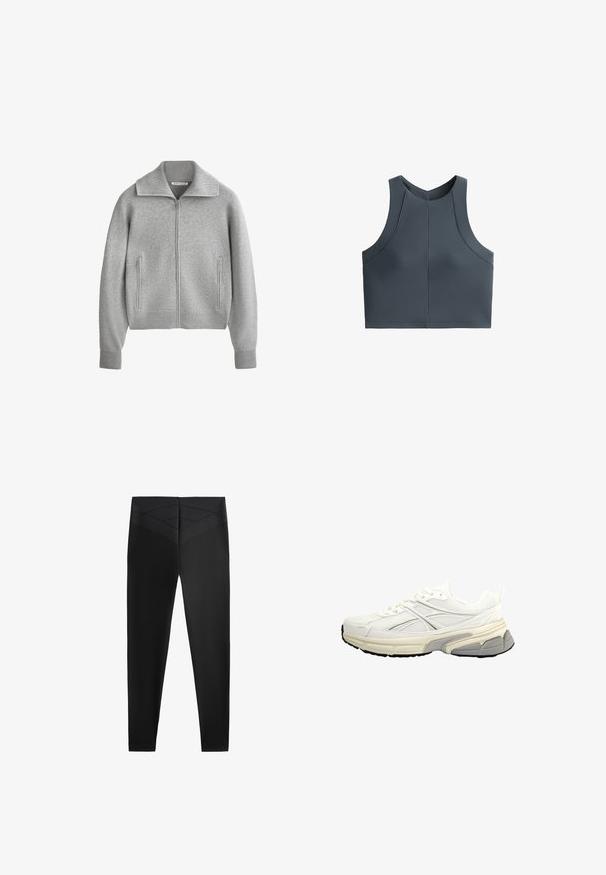 Šedá pletená bunda se zapínáním na zip, širokým límcem a dvěma bočními kapsami. Má žebrované manžety a lem, s měkkou texturou.; Šedý zkrácený top s žebrovanou texturou, bez rukávů a kulatým výstřihem, s švovými detaily pro strukturovaný střih.; Černé sportovní legíny s hladkým povrchem, které mají široký pas a diagonální texturovaný vzor v oblasti pasu pro zvýšení designových detailů.; Bílé sportovní boty s síťovinou, texturovaným povrchem a gumovou podrážkou s šedými akcenty. Systém šněrování. Moderní silueta.