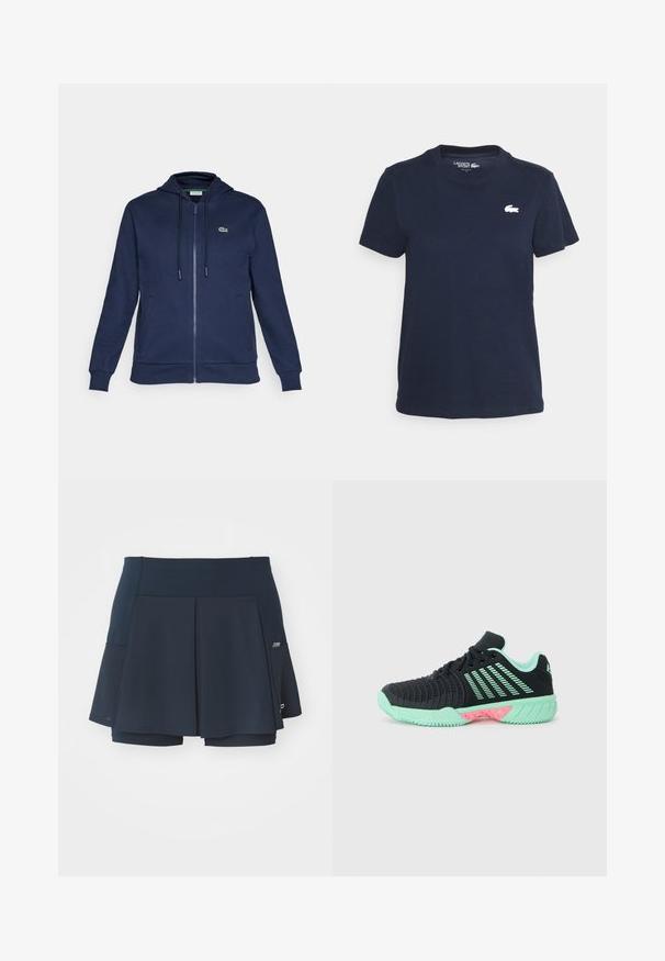 Námořnická mikina na zip s kapucí na šňůrku, měkkou texturou, žebrovanými manžetami a malým zeleným logem na levé hrudi.; Námořnická modrá bavlněná tričko s kulatým výstřihem a krátkými rukávy. Obsahuje malé bílé logo Lacoste na levé straně hrudi. Měkká textura.; Námořnická atletická sukně s kraťasy s plisovaným designem, tkanou texturou, zabudovanými kraťasy a malou boční kapsou pro pohodlí.; Černá sportovní bota s texturovaným svrškem, mátově zelenými akcenty a růžovými detaily na podrážce. Disponuje lehkou konstrukcí a prodyšným designem.