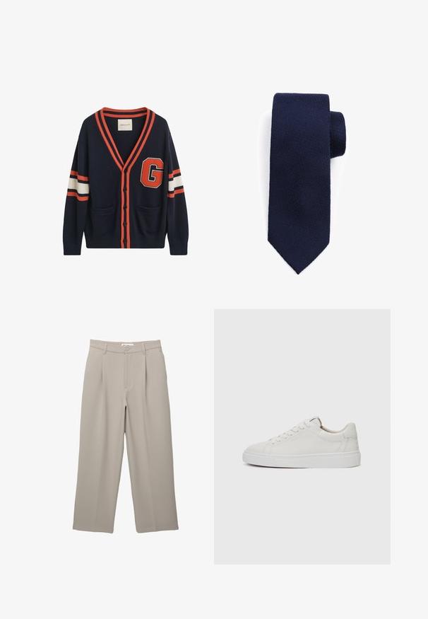 Marine blauwe cardigan van gebreide stof, met oranje en witte strepen op de mouwen, een groot "G"-patch en twee voorzakken.; Lichtblauw button-up shirt van gladde katoen met lange mouwen en een puntige kraag, gecombineerd met donkergrijze op maat gemaakte broek.; PULL&BEAR DARTED - Broek - taupe; Witte leren lage sneakers met een ronde neus, platte witte rubberen zool en minimalistische stikseldetails. Veters vastgemaakt via zes oogjes.; Marineblauwe stropdas met een gestructureerde, geweven afwerking en een taps toelopende punt. Het materiaal lijkt zacht maar toch duurzaam, geschikt voor formele gelegenheden.