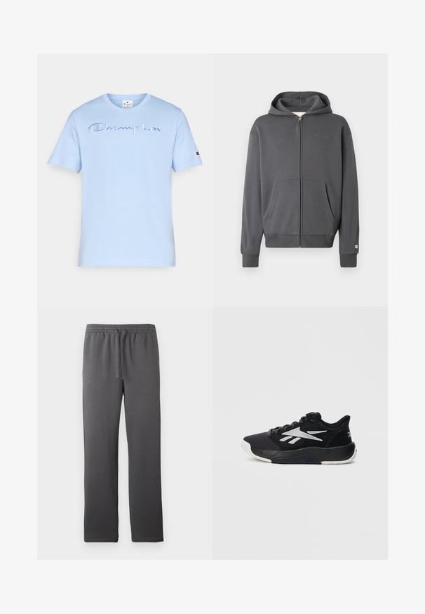 Γκρι ζακέτα με κουκούλα και φερμουάρ, με μπροστινή τσέπη και ριμπ μανίκια. Περιλαμβάνει ένα μικρό λογότυπο στην αριστερή πλευρά του στήθους. Μαλακή υφή υφάσματος.; Ανοιχτό μπλε βαμβακερό μπλουζάκι με κοντά μανίκια. Διαθέτει ραμμένο λογότυπο "Champion" στο μπροστινό μέρος και ετικέτα με λογότυπο στο αριστερό μανίκι.; Γκρι αθλητικά παντελόνια με ελαστική μέση, κορδόνι και λεία υφή. Διαθέτουν ίσια γραμμή και χωρίς ορατές τσέπες.; Μαύρο αθλητικό παπούτσι με άνω μέρος από δίχτυ, ενισχυμένη προστασία στα δάχτυλα, λευκή λεπτομέρεια λογότυπου και υφή στη σόλα. Κατάλληλο για διάφορες αθλητικές δραστηριότητες.