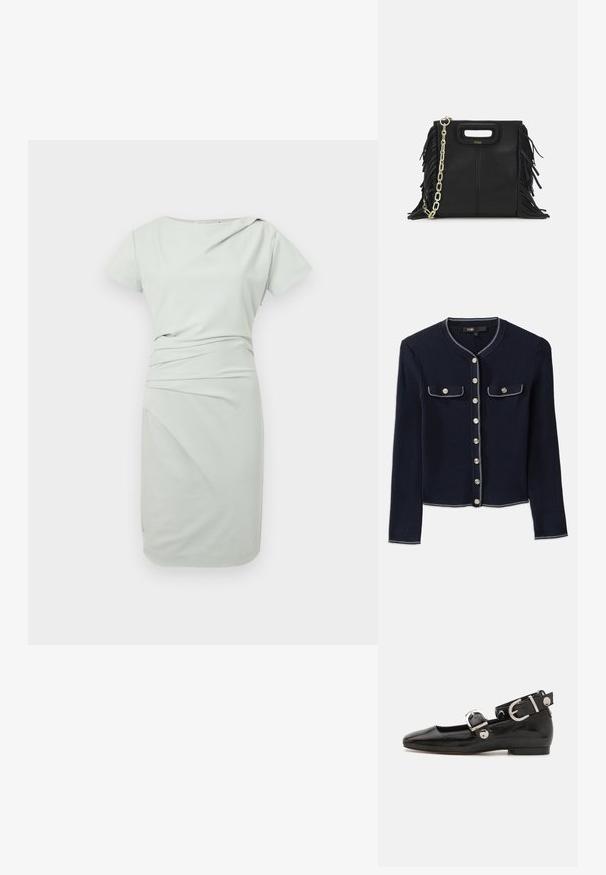 Granatowy kardigan z prążkowanej dzianiny z długimi rękawami, okrągłym dekoltem, zapięciem na srebrne guziki oraz dwiema kieszeniami na piersi, obramowanymi białym przeszyciem.; Jasnozielona sukienka do kolan z krótkimi rękawami, asymetrycznym dekoltem i marszczonym materiałem w talii.; Czarne lakierowane baleriny z kwadratowym noskiem, z paskiem na kostkę z metalowymi elementami w kolorze srebrnym oraz płaską podeszwą. Gładka textura i minimalistyczny design.; Czarna skórzana torebka na ramię z frędzlami, złotym łańcuszkiem oraz wyciętym uchwytem. Posiada umieszczone na przodzie logo.