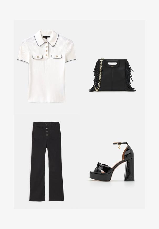 Cardigan blu navy a coste con maniche lunghe, scollo rotondo, chiusura con bottoni argentati e due tasche sul petto bordate da cuciture bianche.; Polo shirt bianco a coste con colletto, presenta rifiniture blu navy, bottoni dorati e due piccole tasche a patta sul davanti.; Jeans neri in denim a zampa d'elefante con vita alta, design a cinque tasche e chiusura frontale con quattro bottoni metallici.; Maje Sandali con tacco - noir; Borsa a tracolla in pelle nera con dettagli a frangia, catena dorata e manico ritagliato. Presenta il logo sulla parte anteriore.