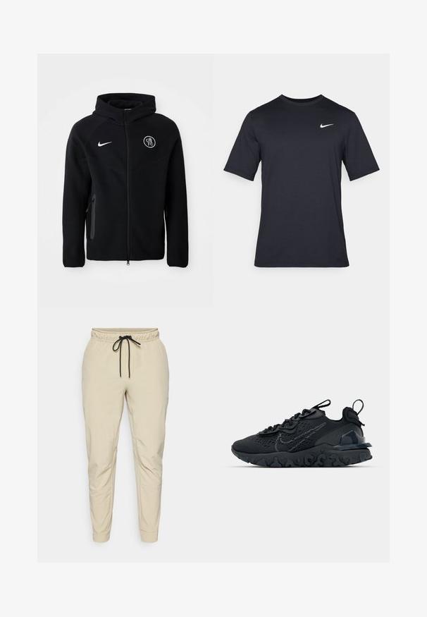 Čierna mikina na zips vyrobená z jemného materiálu, s bielym logom Nike na hrudi a emblémom klubu. Obsahuje bočné vrecká a kapucňu.; Čierne tričko s krátkym rukávom značky Nike z hladkého materiálu, s bielym logom swoosh na pravej hornej strane, okrúhly výstrih.; Nike Performance UNLIMITED PANT - Tepláky - desert khaki/black; Čierna atletická topánka s priedušným sieťovaným zvrškom, textúrovanými akcentmi a vlnovou gumovou podrážkou. Obsahuje reflexné logo a systém šnurovania.