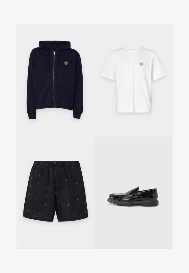 Námořnická modrá mikina na zip vyrobená z měkké látky, s přední kapsou, kapucí na šňůrku a vyšitým logem na horním levém prsu.; Bílá bavlněná trička s krátkým rukávem, kulatým výstřihem a malým šedým logem na levé části hrudi. Hladká textura.; Černé lněné šortky s elastickým pasem a stahovací šňůrkou. Na látce se nacházejí malé bílé geometrické vzory.; Černé kožené mokasíny s lesklým povrchem, kulatou špičkou, nenápadnými švy a silnou gumovou podrážkou pro odolnost.