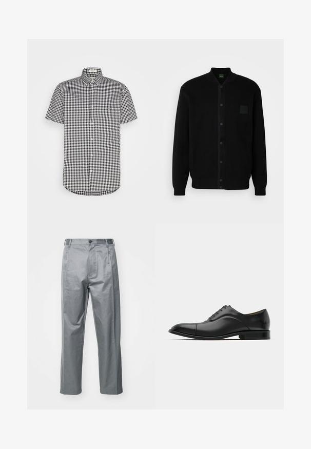 Mustvärviline kudumitega kardigan, millel on krae, nööpide eest, kaks külgtaskut ja väike patšitasku. Omab vertikaalset soonikuteksureeritud tekstuuri ja kontrastset ääret.; Lühikeste varrukatega nööbiga särk must-valge šekkmustriga, puuvillane materjal, terav krae ja rinnatasku detail.; Hallitse hägatud puuvillasegused püksid, millel on sirge lõikega disain, ees nupuga kinnitus, vööde augud ja küljetaskud.; Must musta kingad siledast nahast, ümarate varvaste ja viie silmaga. Omab madalat laotud kontsa ja õrna õmblusdetaili.