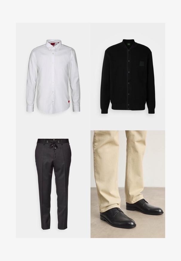 Svart strikket cardigan med krage, knappestolpe, to sidelommer og en liten lomme på brystet. Har vertikale ribbestruktur og kontrasterende kant.; Hvit langermet skjorte med krage og knapper, laget av lett stoff. Har et subtilt merke i rødt på nedre side.; Svart skreddersydde bukser med snor i midjen, plisserte detaljer foran og oppbrettede hem. Laget av glatt stoff med en strukturert passform.; Sorte lær snøresko med rund tå, glat overflade og subtile syninger, båret med lysebeige bukser.