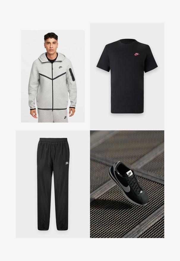 Grå hættetrøje med lynlås og sorte detaljer, der har en kengurulomme, justerbar hætte og Nike-logo på brystet og ærmet. Glat tekstur.; Sort bomulds T-shirt med rund halsudskæring og korte ærmer. Har et pink Nike-logo på øverste venstre side. Glat tekstur.; Sorte Umbro trackbukser med elastisk talje, sidelommer, tætsiddende ben og logo på højre lår mod en hvid baggrund.; Sort Nike sneaker med grå accenter, materialer af ruskind og mesh, struktureret sål, smal form og klassisk snørebåndsdesign.