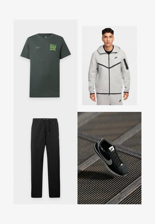 Grå hættetrøje med lynlås og sorte detaljer, der har en kengurulomme, justerbar hætte og Nike-logo på brystet og ærmet. Glat tekstur.; Mørkegrøn bomuld T-shirt med korte ærmer. Forsiden har stort grønt "NIKE"-logo og mindre tekst, klassisk rund halsudskæring, glat tekstur.; Sorte sweatpants lavet af fleece, med en elastisk talje med snore, to frontlommer og et lille logo på låret.; Sort Nike sneaker med grå accenter, materialer af ruskind og mesh, struktureret sål, smal form og klassisk snørebåndsdesign.