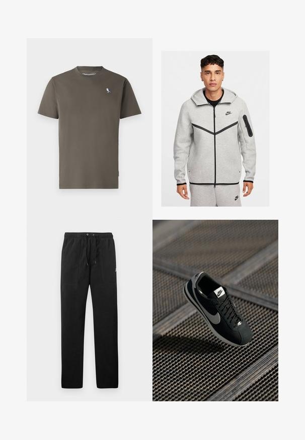 Grijze zip-up hoodie met zwarte accenten, voorzien van een kangoeroe-pocket, verstelbare capuchon en het Nike-logo op de borst en mouw. Gladde textuur.; Olijfgroen katoen t-shirt met een ronde hals, korte mouwen en een klein blauw en wit vogeltje geborduurd op de borst.; Zwarte sweatpants van fleece, met een elastische tailleband met trekkoorden, twee voorzakken en een klein logo op de dij.; Zwarte Nike sneakers met grijze accenten, gemaakt van suede en mesh materialen, met een gestructureerde zool, een smalle vorm en een klassiek vetersluitingssysteem.