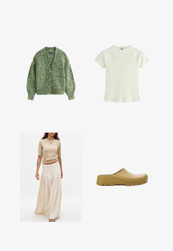 Zaļš adīts kardigans ar dziļu V-veida kakla izgriezumu, lielām pogām un pūkainām piedurknēm. Auduma struktūra ir bieza un ērta, ar sajauktu dzijas rakstu.; Balta ribota īsās piedurknes T krekls ar apaļu izgriezumu un raglanu piedurknēm. Tekstūrēta auduma, regulāra piegriezuma. Logo etiketē muguras izgriezumā.; Beidzena adīta īsām piedurknēm augšdaļa, kas apvienota ar garu, plūstošu krēmkrāsas svārku ar vertikālām krokām un gludu tekstūru.; Dzeltenās gumijas klumpes ar gludu virsmu, atvērtu aizmuguri un biezām, teksturētām zolitēm ar horizontālām rugām. Izstrādātas komfortam un izturībai.