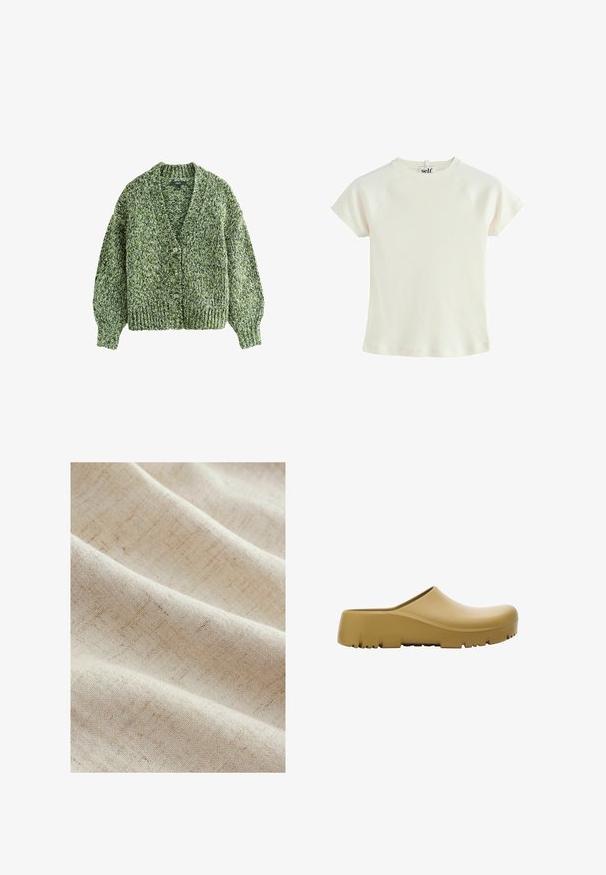 Zeleni pleteni kardigan z globokim V-izrezom, velikimi gumbi in napihnjenimi rokavi. Tekstura je gosta in udobna z mešanim vzorcem preje.; Bela rebrasta kratkozapihana majica s okrogloidnim izrezom in raglan rokavi. Teksturirana tkanina z običajnim krojem. Oznaka z logotipom na zadnjem delu vratu.; Svetlo bež tkanina z rahlo teksturo in slabimi črtami, ki ustvarja mehak, tkani videz. Gladko se spušča v nežnih gubah.; Rumena gumijasta sandal s gladko površino, odprtim zadnjim delom in debelim, teksturiranim podplatom, ki ima vodoravne utore. Zasnovan za udobje in vzdržljivost.