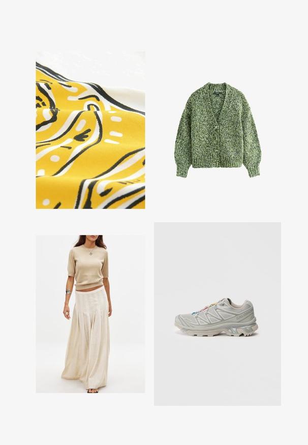 Žalias megztas kardiganas su gilia V formos iškirpte, didelėmis sagomis ir pūstomis rankovėmis. Tekstūra yra stora ir jauki, su mišraus siūlo raštu.; Geltona medžiaga su juodais ir baltais abstrakčiais raštais. Medžiaga turi lygų tekstūrą, kuriame matomi kreivi linijos ir taškai žaismingame dizaine.; Bežinis megztas trumpomis rankovėmis viršus, derinamas su ilga, plazdančia kreminės spalvos sijonu, turinčiu vertikalių raukšlių ir švelnios tekstūros.; Šviesiai pilka sportinė avalynė su tekstūruotu tinkleliu, atspindinčiais akcentais, išskirtiniu pado raštu ir spalvingomis raištelėmis. Siūlo palaikantį dizainą.