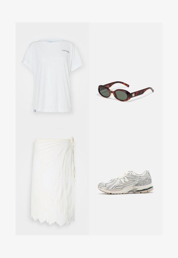 Žalias megztas kardiganas su gilia V formos iškirpte, didelėmis sagomis ir pūstomis rankovėmis. Tekstūra yra stora ir jauki, su mišraus siūlo raštu.; Balta medvilninė marškinė su suktomis rankovėmis, apvaliu kaklu, priekyje su mažu pilku atspaudžiamu logotipu ir numeriniu užrašu ant apvargo.; Balta apvijas sijonas su gėlių nėriniais, banguoto krašto ir šoniniu užsegimu, pristatytas ant paprasto fono.; Bėgimo bateliai turi sidabrinį ir baltą tinklinį viršutinį sluoksnį su žaliai akcentu. Padas yra masyvus ir tekstūruotas, sukurtas amortizacijai ir paramai.; Žaltvinių kornos akinių su tamsiais lęšiais, ovalo formos ir plačiomis dėvėjimo dalimis. Šone yra mažas auksinis akcentas. Lygus plastikinis paviršius.