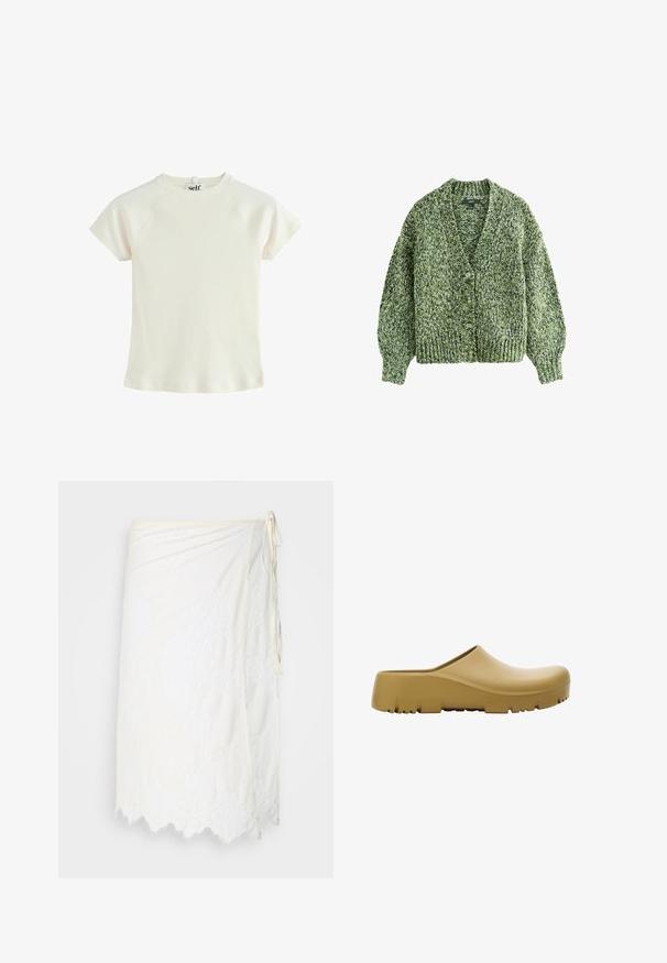Cárdigan de punto verde con un profundo escote en V, grandes botones y mangas abullonadas. La textura es gruesa y acogedora con un patrón de hilo mezclado.; Camiseta de manga corta blanca con un cuello redondo y mangas raglán. Tejido texturizado con un corte regular. Etiqueta de logo en la parte trasera del cuello.; Falda envolvente blanca con bordado de encaje floral, dobladillo con forma de onda y cierre lateral, exhibida sobre un fondo liso.; Zueco de goma amarillo con una superficie lisa, parte posterior abierta y una suela gruesa y texturizada con estrías horizontales. Diseñado para comodidad y durabilidad.