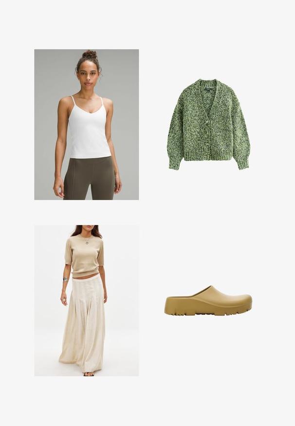 Žalias megztas kardiganas su gilia V formos iškirpte, didelėmis sagomis ir pūstomis rankovėmis. Tekstūra yra stora ir jauki, su mišraus siūlo raštu.; Balta camisė su plonomis petnešomis, V formos iškirpte, lygiu paviršiumi, prigludusia siluetu, derinama su aukštu juosmeniu olivinės žalios spalvos legginsais.; Bežinis megztas trumpomis rankovėmis viršus, derinamas su ilga, plazdančia kreminės spalvos sijonu, turinčiu vertikalių raukšlių ir švelnios tekstūros.; Geltonos guminės šlepetės su lygiu paviršiumi, atvira nugara ir storu, tekstūruotu padu su horizontaliomis grioveliais. Sukurtos patogumui ir ilgaamžiškumui.