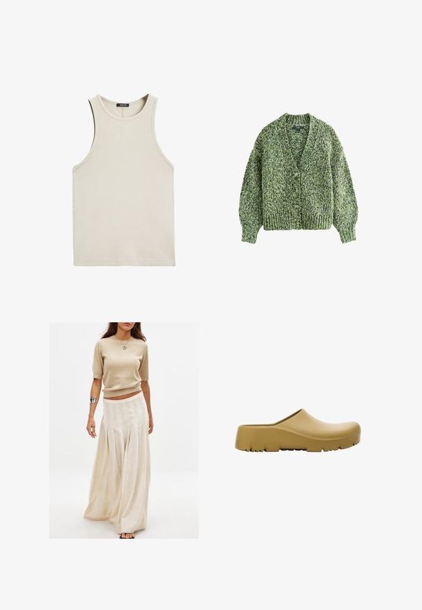 Zielony, dziany kardigan z głębokim dekoltem w kształcie V, dużymi guzikami i puffowanymi rękawami. Tekstura jest gruba i przytulna, z mieszanką wzorów przędzy.; Jasnobeżowy, prążkowany top na ramiączkach z okrągłym dekoltem i bez rękawów. Wykonany z miękkiego materiału, z wykończeniem brzegów na gładko. Brak widocznych wzorów.; Beżowy, dziany top z krótkim rękawem połączony z długą, zwiewną kremową spódnicą z pionowymi fałdami i gładką fakturą.; Żółty gumowy klapek o gładkiej powierzchni, otwartym tyle i grubej, teksturowanej podeszwie z poziomymi rowkami. Zaprojektowany z myślą o komforcie i trwałości.