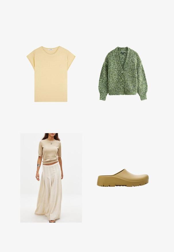 Grüne gestrickte Strickjacke mit tiefem V-Ausschnitt, großen Knöpfen und ballonförmigen Ärmeln. Die Textur ist dick und gemütlich mit einem gemusterten Garn.; Gelbes kurzärmliges T-Shirt aus weichem Stoff. Hat einen runden Ausschnitt und ein kleines, gesticktes Logo auf der Vorderseite. Einfaches Design.; Beige gestricktes Kurzarmoberteil, kombiniert mit einem langen, fließenden cremefarbenen Rock mit vertikalen Falten und einer glatten Textur.; Gelber Gummischuh mit glatter Oberfläche, offenem Rücken und einer dicken, strukturierten Sohle mit horizontalen Rillen. Entwickelt für Komfort und Langlebigkeit.