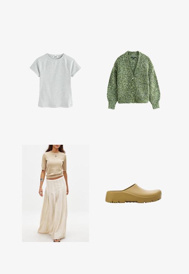Grüne gestrickte Strickjacke mit tiefem V-Ausschnitt, großen Knöpfen und ballonförmigen Ärmeln. Die Textur ist dick und gemütlich mit einem gemusterten Garn.; Helles graues T-Shirt mit kurzen Ärmeln und rundem Halsauschnitt, aus einem strukturierten Stoff gefertigt, mit Raglanärmeln und geradem Saum.; Beige gestricktes Kurzarmoberteil, kombiniert mit einem langen, fließenden cremefarbenen Rock mit vertikalen Falten und einer glatten Textur.; Gelber Gummischuh mit glatter Oberfläche, offenem Rücken und einer dicken, strukturierten Sohle mit horizontalen Rillen. Entwickelt für Komfort und Langlebigkeit.