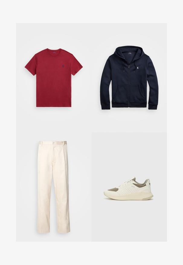 Navy krāsas ar rāvējslēdzēju aizdares kapuce, izgatavota no mīkstas auduma, ar regulējamu kapuci, priekšējiem kabatām un mazu logo kreisajā krūtī.; Polo Ralph Lauren CUSTOM SLIM FIT JERSEY CREWNECK T-SHIRT - Pamata T-krekls - bordeaux; Bežā krāsā auduma bikses ar taisnu kāju griezumu, pievienotām pogu aizdares un priekšējiem krokām papildu detaļām.; Baltas un gaiši bež sporta apavi, ar sieta augšdaļu, perforētiem detaļām un teksturētu vidusdaļu ar zīmolu uz papēža.