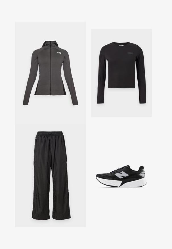 Zwarte sportjack met volledige rits, capuchon en een gestructureerd ontwerp. Voorzien van zijritszakken en contrasterende zwarte panelen aan de zijkanten.; Zwarte lange mouwen crop top gemaakt van rekbare stof, met een ronde halslijn en een klein logo gedrukt op de borst.; Zwarte lichtgewicht nylon joggingbroek met elastische tailleband en een losse rechte pasvorm, weergegeven tegen een effen witte achtergrond.; Zwart-witte New Balance hardloopschoen met een dikke zool, bovenwerk van mesh en het "N"-logo aan de zijkant, bekeken vanaf de buitenzijde.